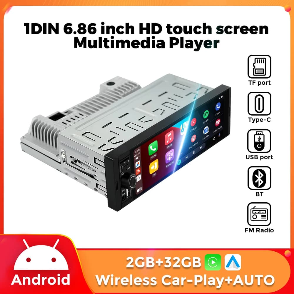 MEKEDE Android 6.86inch 1din Universal Car Multimedia HD Touch Screen Car Radio Wireless Carplay Android Auto FM USB TF Type-C