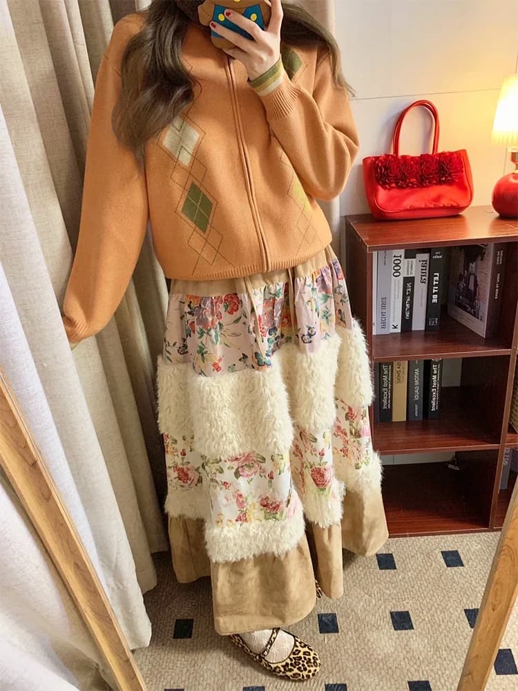 Gonna a vita bassa con stampa floreale in pelliccia sintetica, gonna lunga da donna autunno inverno, gonna a balze vintage a trapezio midi