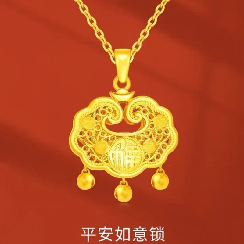 Ciondolo con piccola serratura a campana con carattere Fu placcato in oro Collana girocollo regolabile in stile cinese vintage Elegante regalo di gioielli a strati
