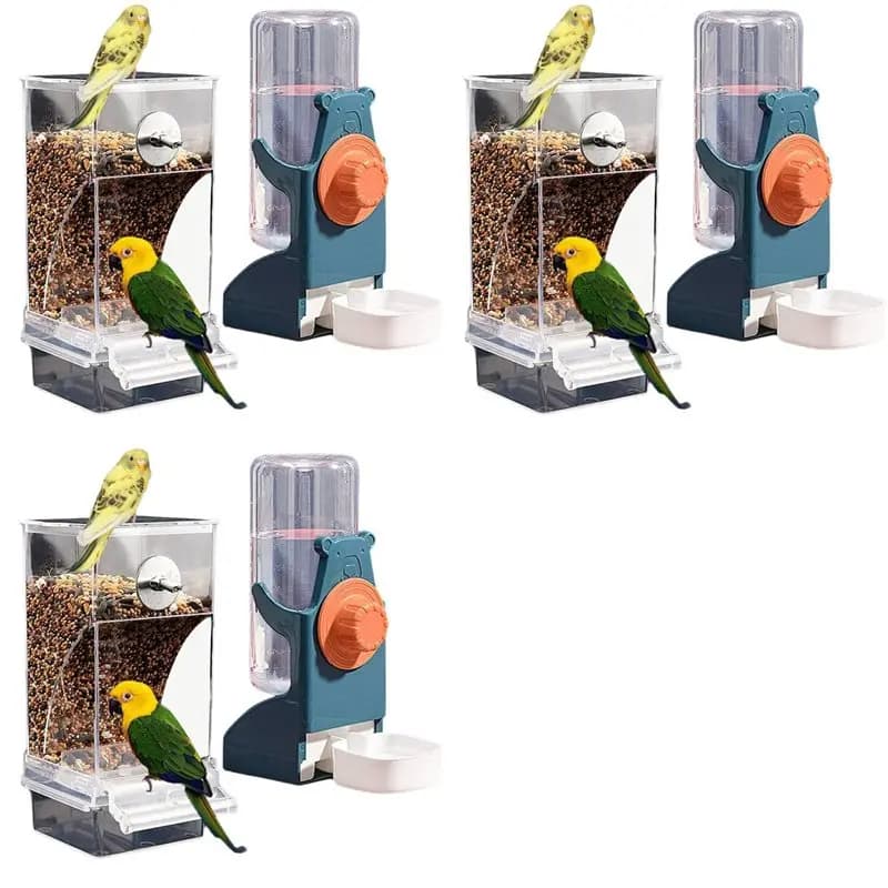 Set Dispenser Acqua e Mangiatoia per Uccelli B14C 3X Senza Disordine, Accessori Automatici per Gabbie di Pappagalli, Contenitore Cibo e Acqua per Parrocchetti
