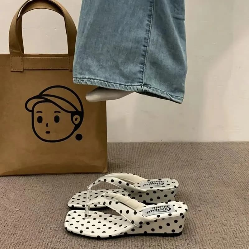 Sandali con Zeppa a Pois Stile Francese da Donna, Ciabatte Casual da Esterno per Vacanze, Antiscivolo, con Suola in Gomma Estiva
