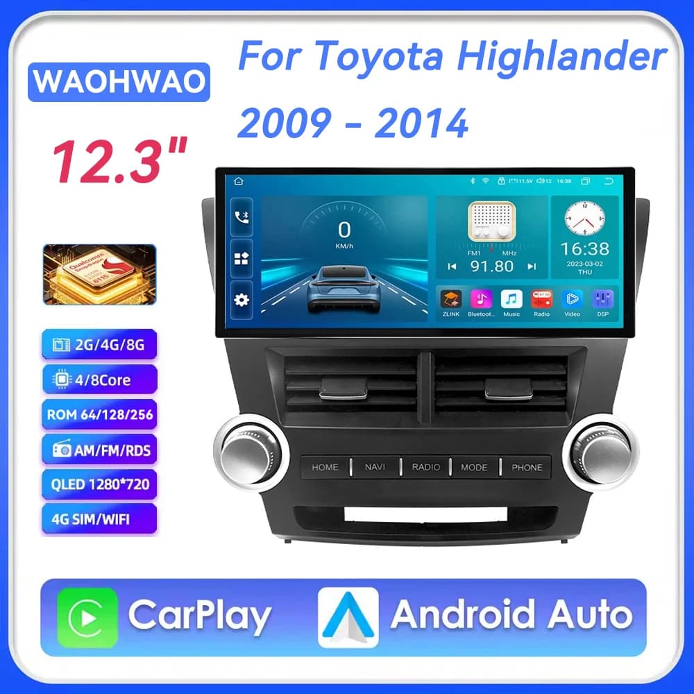 Autoradio multimediale intelligente Android 16 CarPlay da 12,3 pollici per Toyota Highlander 2009-2014 con navigatore
