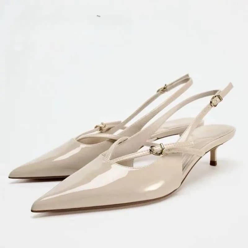 Elegant Women Med Heeled Shoes Sexy Pointed Toe Slingbacks 2026 Summer Stilettos Brand Designer Bridal Office Ladies Sandals