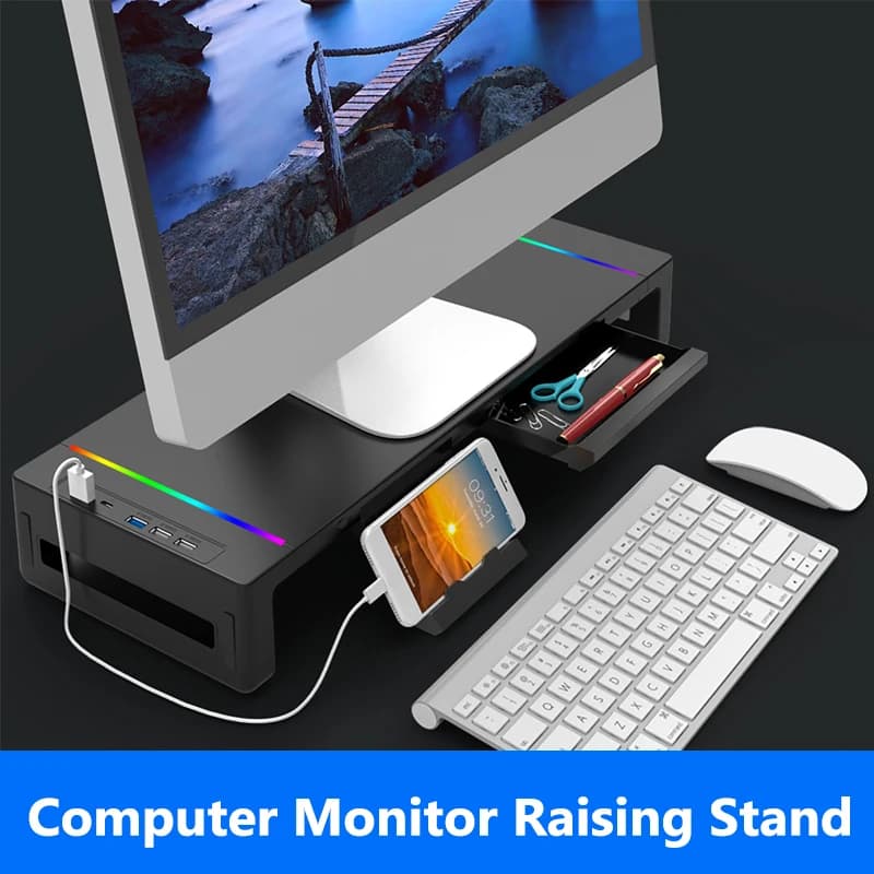 Supporto per Monitor con Ripiano, Pieghevole e Regolabile in Altezza, con Cassetto Portaoggetti e Supporto per Tablet/Telefono