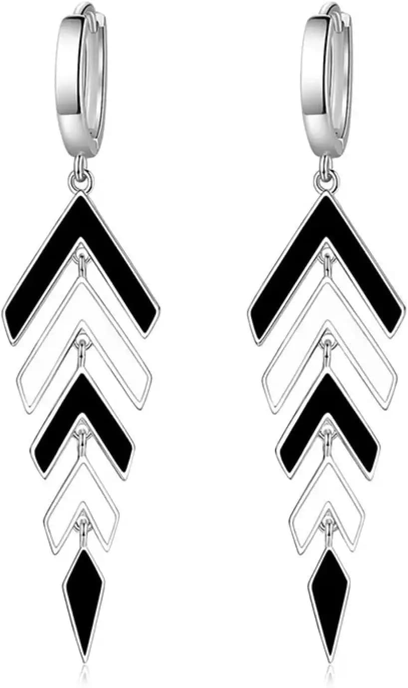 Orecchini Pendenti Lunghi con Nappine, Design Chic Freccia Bianca e Nera per Donna, Gioielli da Festa in Argento, Idea Regalo