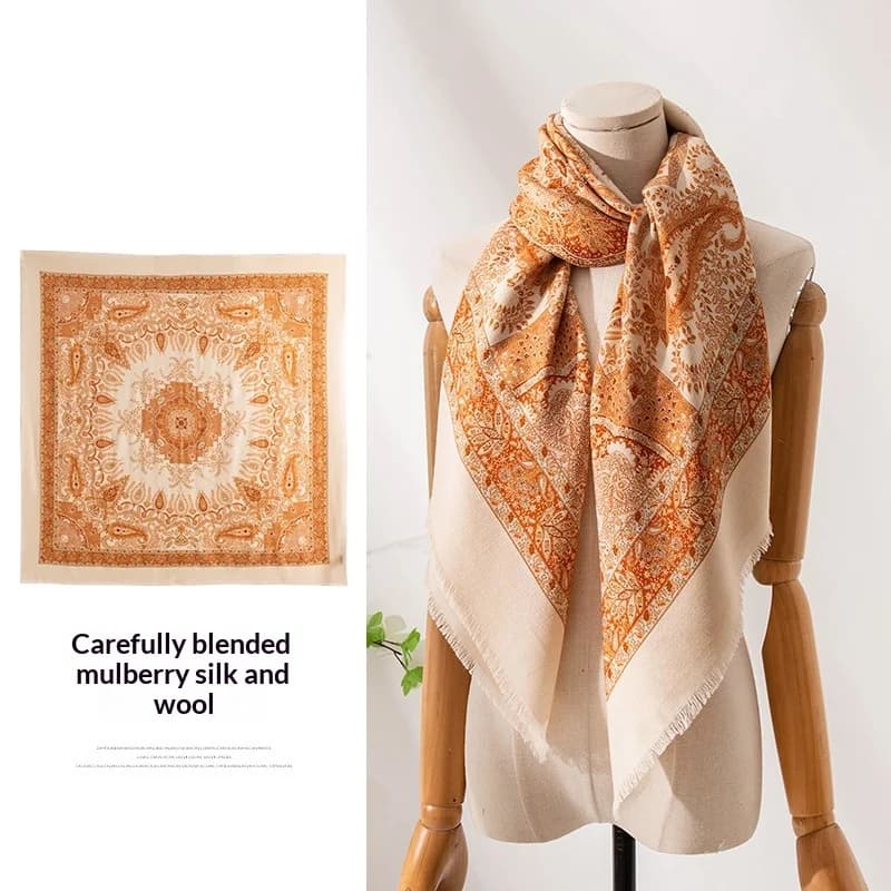 Light luxury high-end double-sided silk wool scarf of the same color cashew flower print silk scarf large size square scarf