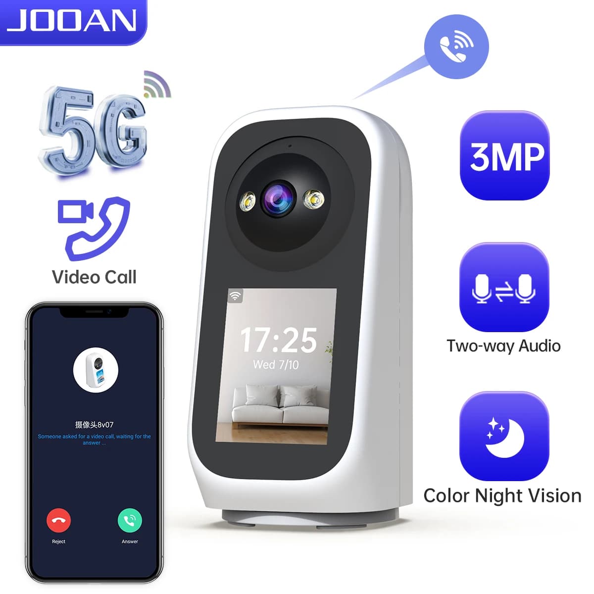 JOOAN 3MP PTZ 5G Wifi Camera HD 2.8 "Touch Screen Baby Monitor Smart Home Security Colore Notte Audio bidirezionale Telecamera IP wireless