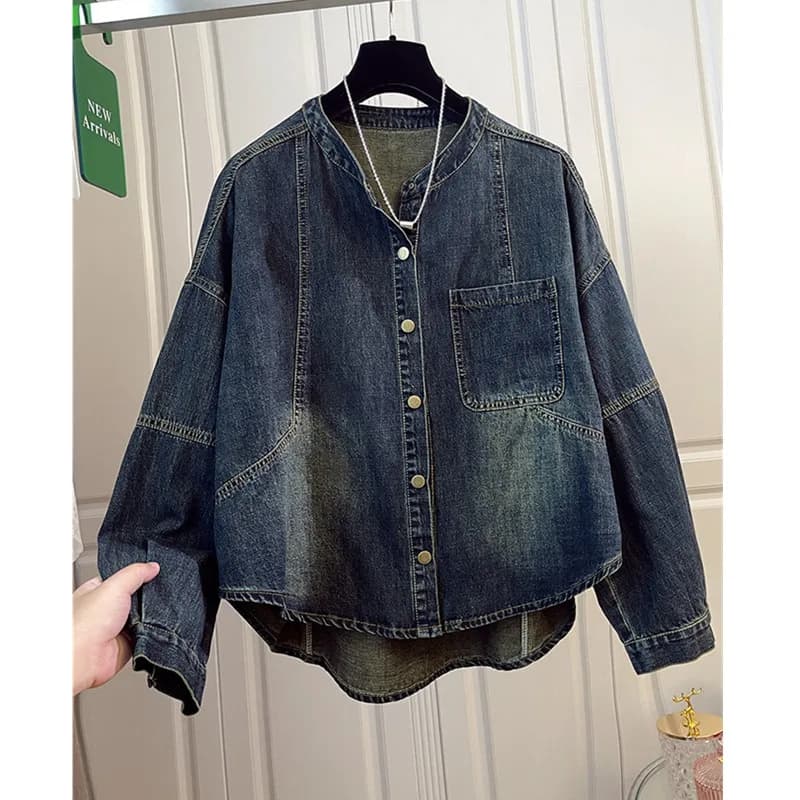 Jacket jeans shirt with raised collar Woman 2025 Spring Autumn New design Sense Medium long sleeved jacket Top Outwear