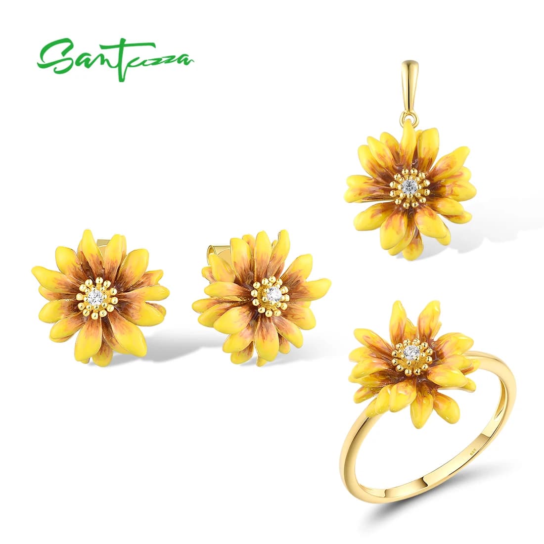 SANTUZZA Reale 925 Sterling Silver Set di Gioielli Per Le Donne Bianco CZ Fiore Giallo Orecchini con Pendente Anello Smalto Gioielleria Raffinata di Moda