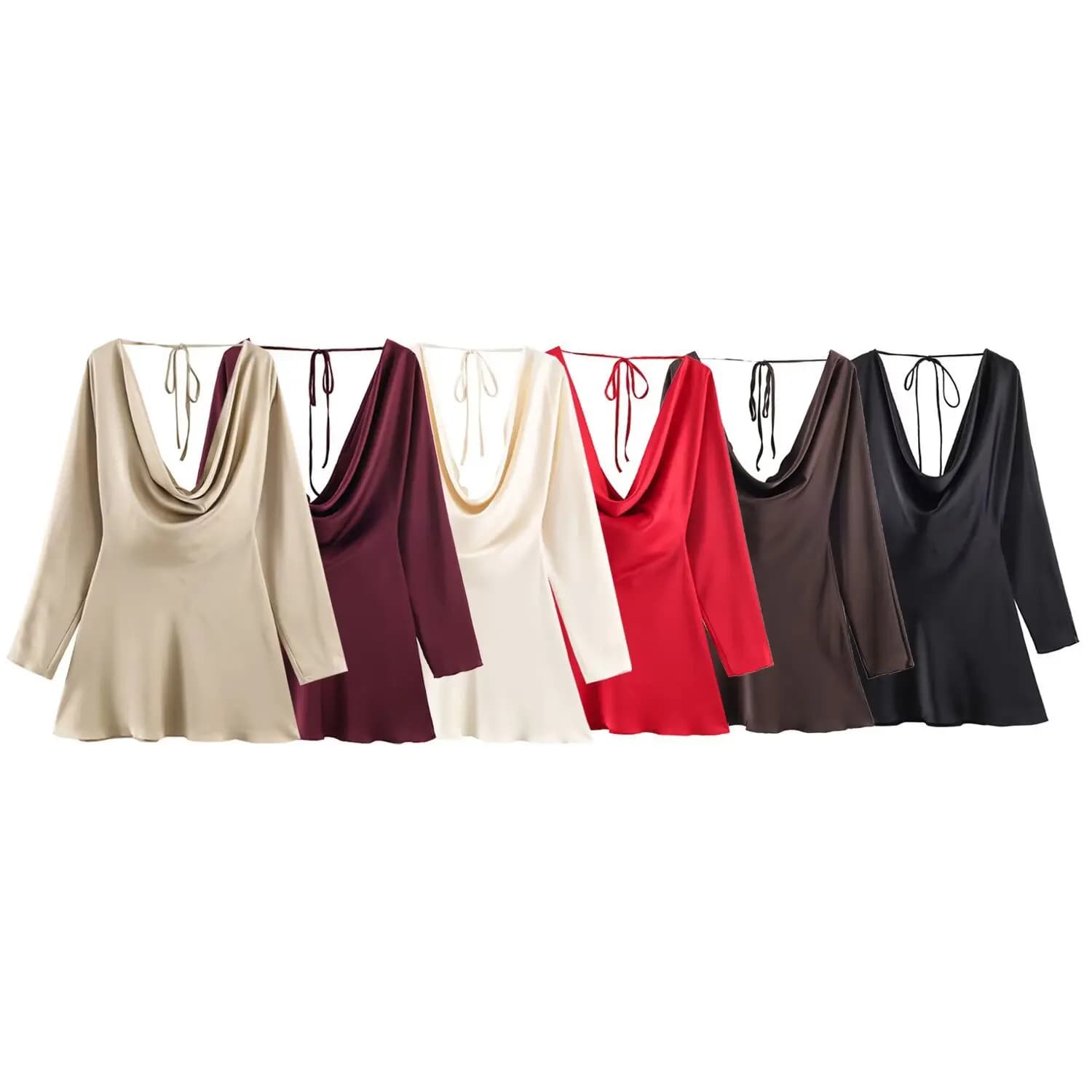 Abito Corto in Raso Sexy da Donna, Gonna a Vita Alta a Trapezio, Maniche Lunghe, Tinta Unita, Colletto Pendolo, Alla Moda, Nuovo Arrivo Invernale