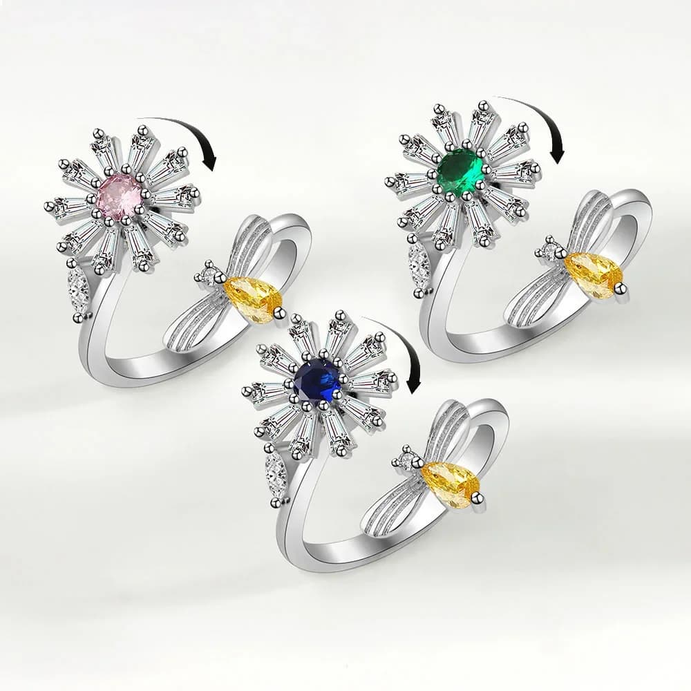 Fidget Spinner Anello Ansia per le donne Fiore di cristallo multiplo Occhio Farfalla Anello animale Ruota gioielli da sposa antistress