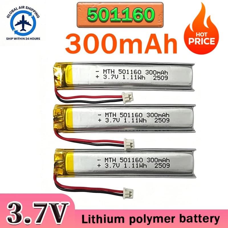 Batteria ai polimeri di litio 501160 3.7V-300mAh adatta per spazzolini elettrici e altri piccoli elettrodomestici con connettore JST-ZH1.25 2P