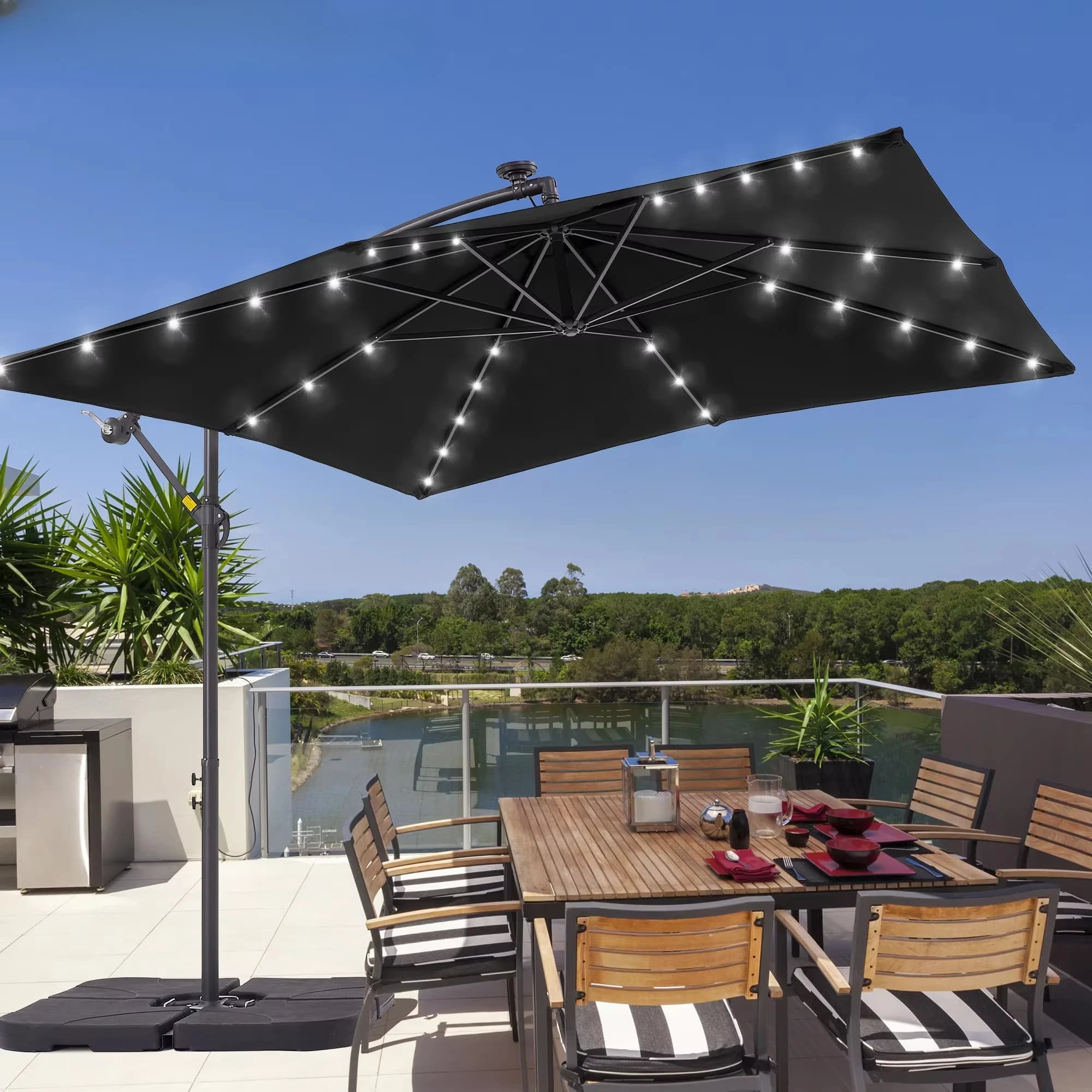 Uplion 8x8FT Ombrellone da giardino quadrato in metallo LED Ombrellone a sbalzo con pannello solare Ombrellone da patio impermeabile per uso esterno