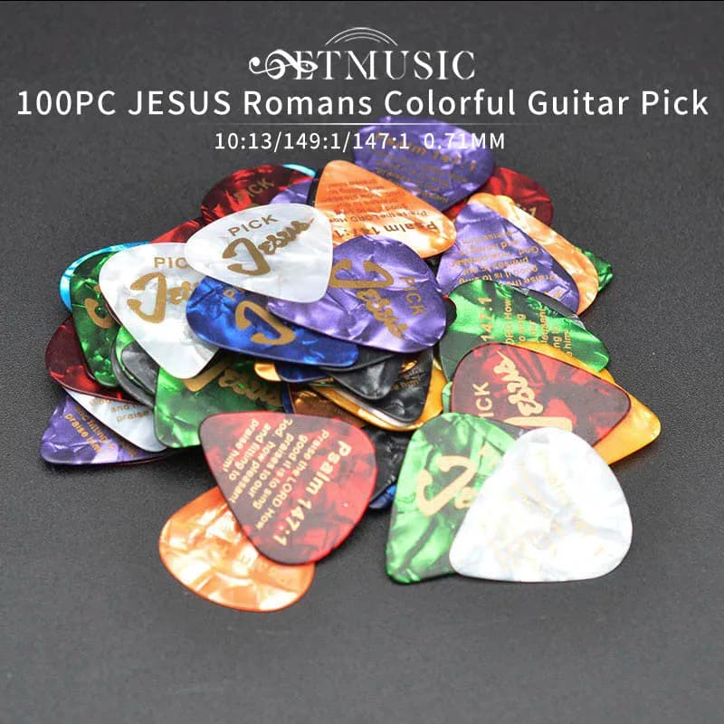 Plettro per chitarra in celluloide JESUS da 100 pezzi 0,71 mm Parole dorate Romani 10:13 Salmo 149:1 e Salmo 147:1 Colore misto
