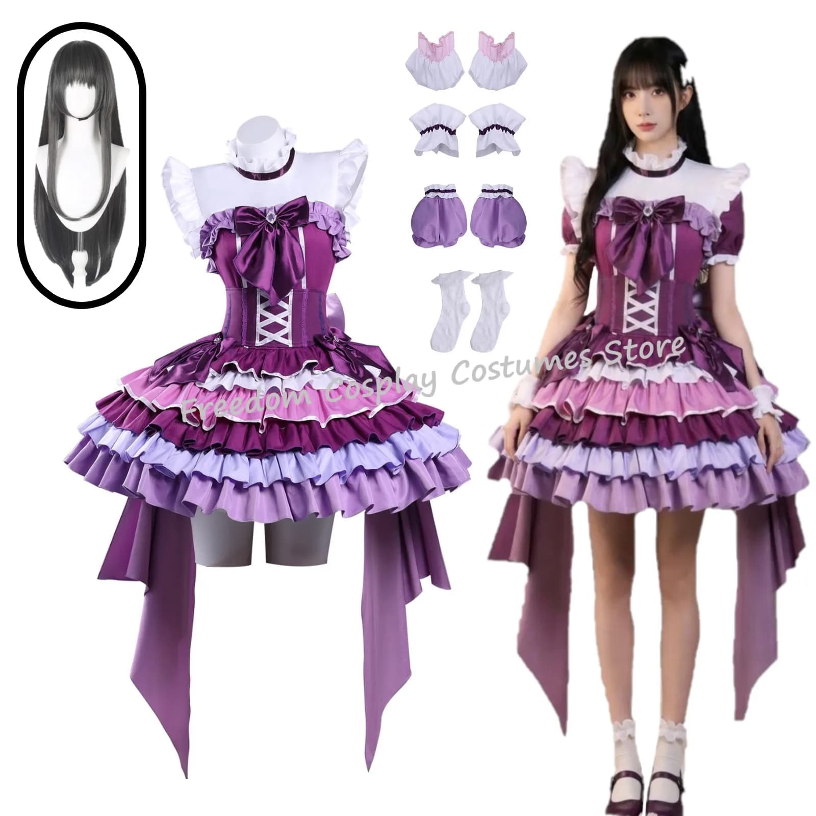 NUOVO Costume da Cosplay Akemi Homura Viola con Vestito e Parrucca, Anime Puella Magi Madoka Magica, Abbigliamento per Feste di Halloween