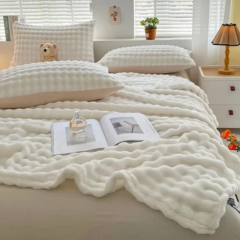 1 pezzo di lusso in finta pelliccia di coniglio coperta morbida calda coperta soffice a strisce bianche per divano pisolino da ufficio singolo doppio plaid di peluche