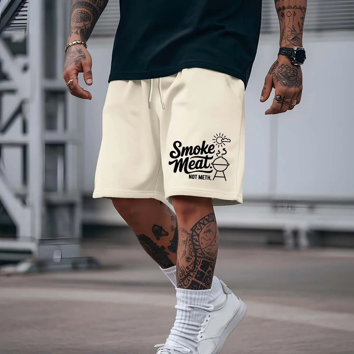 Men's Letter Pattern Printed Shorts with Waistband and Pockets, Summer Street Fashion Shorts