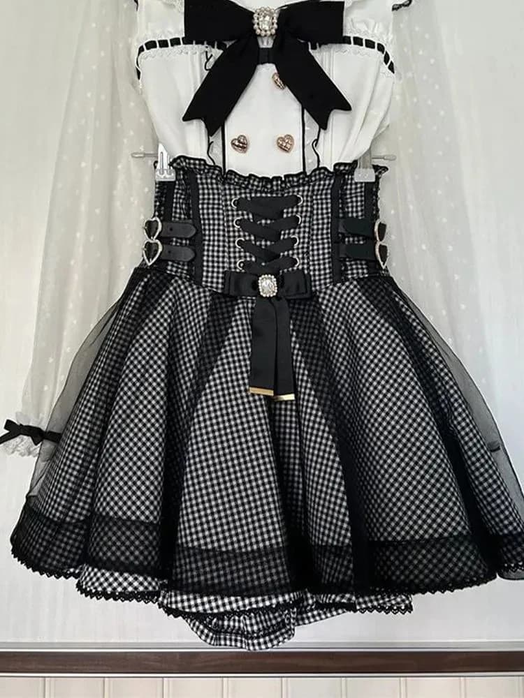 Nuovo Estetico Giapponese Dolce 2 Pezzi Set Delle Donne di Design Arco Y2k Camicia Magliette e camicette + Chic Gonna Scozzese Harajuku Retro Moda Lolita vestito