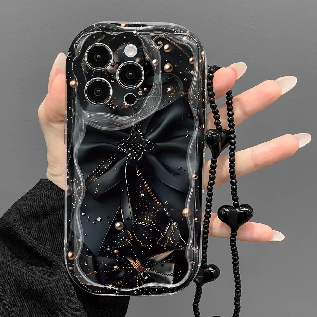Lanyard Phone Case For iPhone 15 14 17 16 13 12 Pro Max Cases For iPhone 17 Pro Max 11 Cover Wrist Strap Gothic Black Bow Shell