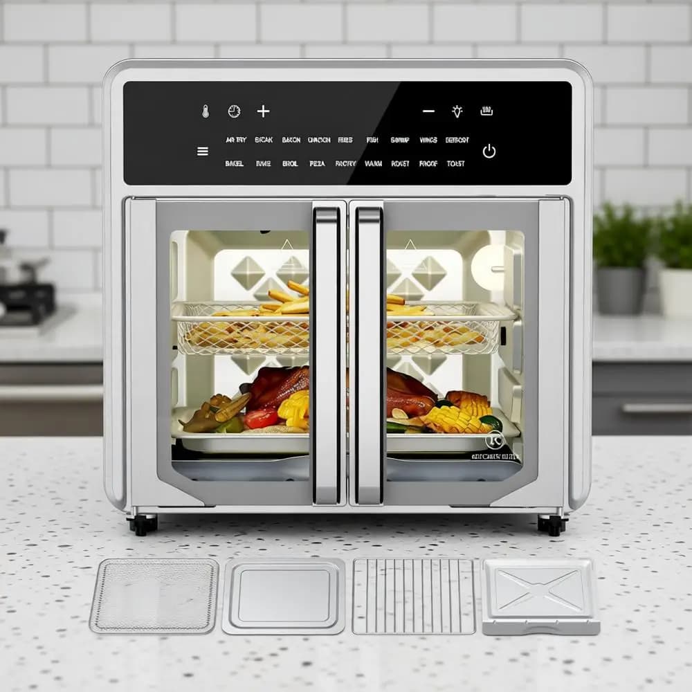 Forno Combinato con Tostapane, Forno da Banco da 15,8 Qt, 18 Programmi Preimpostati, Cestello per Friggitrice ad Aria, Griglia, Teglia da Forno, Vassoio Raccogli Briciole, Design Compatto, Sta