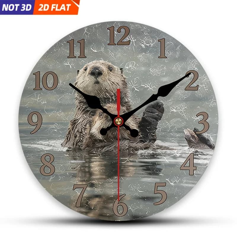 Orologio da parete con design di lontra marina - Orologio silenzioso in legno rotondo, adatto per camera da letto, ufficio, con design di lontra marina, a batteria