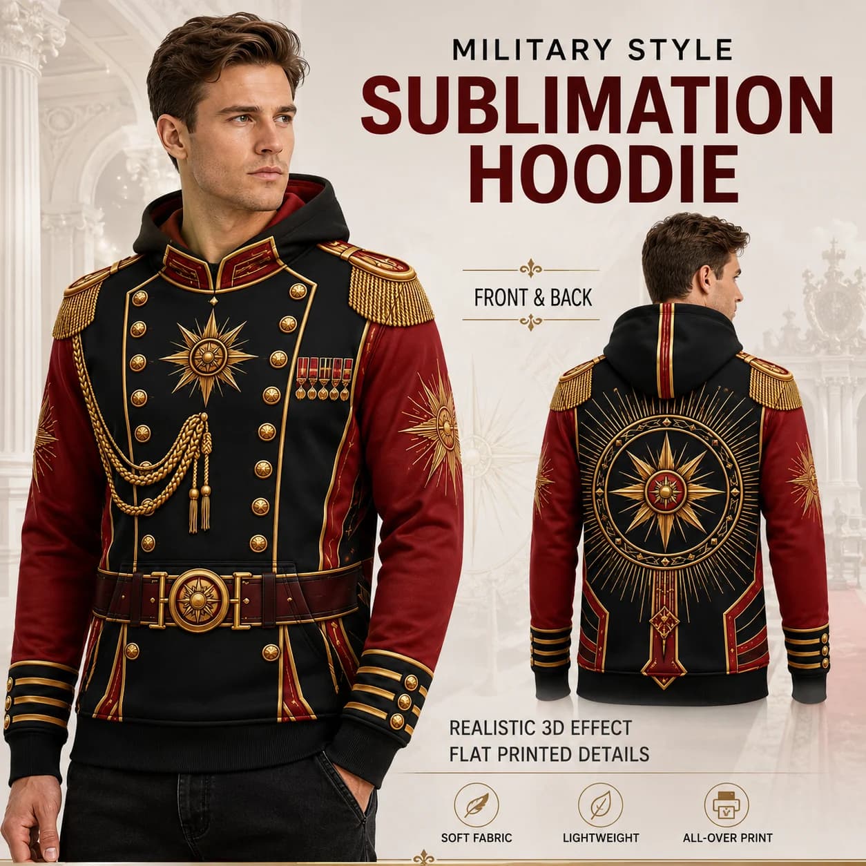 Vintage Military Uniform Style Hoodie Men Red Black Gold 3D Print Officer Inspired Pullover Hooded Sweatshirt Retro Streetwear
