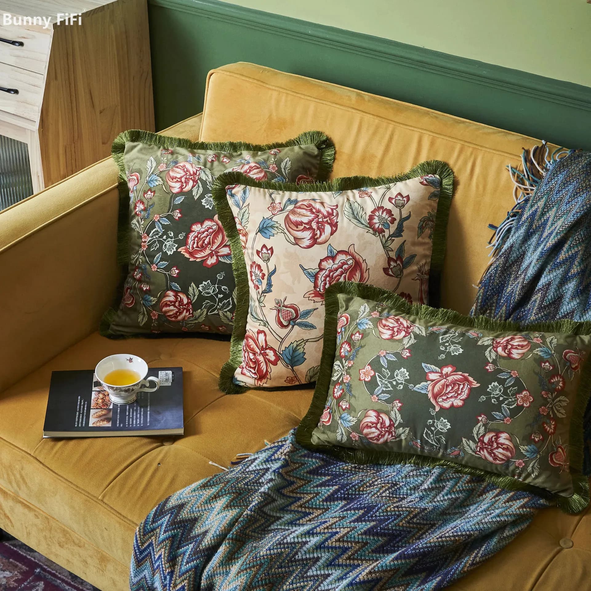 New American style printed tassel 45x45 30x50 pillow lining plant flower office sofa bedside table