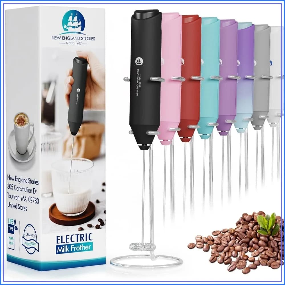 Handheld Milk Frother, Battery-Powered Foam Maker for Coffee, Latte, Cappuccino, Hot Chocolate, Matcha, with Stand, Black
