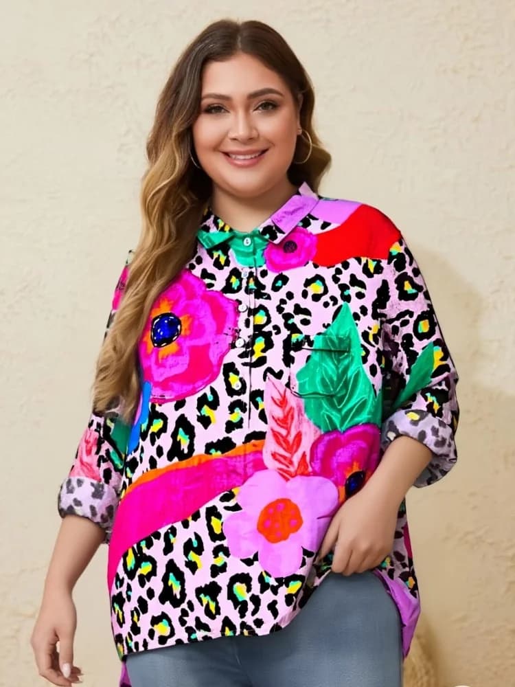 Women's strong size shirt with floral leopard print, vintage collar, half-coating, pockets, elegant blush long sleeves for vacation