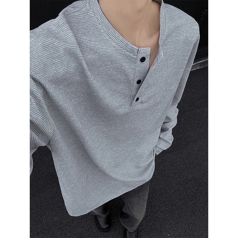 Spring Autumn Casual Long Sleeve T-Shirt Men's American Wafer Grid Fashion Loose Hoodie Inner Wear Overhead Base Shirt