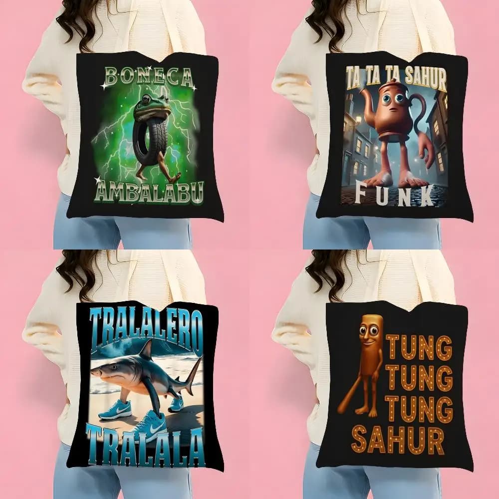 Storage Bags Double-Sided Printed Canvas Tote Bag Eco-Friendly Reusable Handbag I-Italian Brainrot Creative animal meme 2