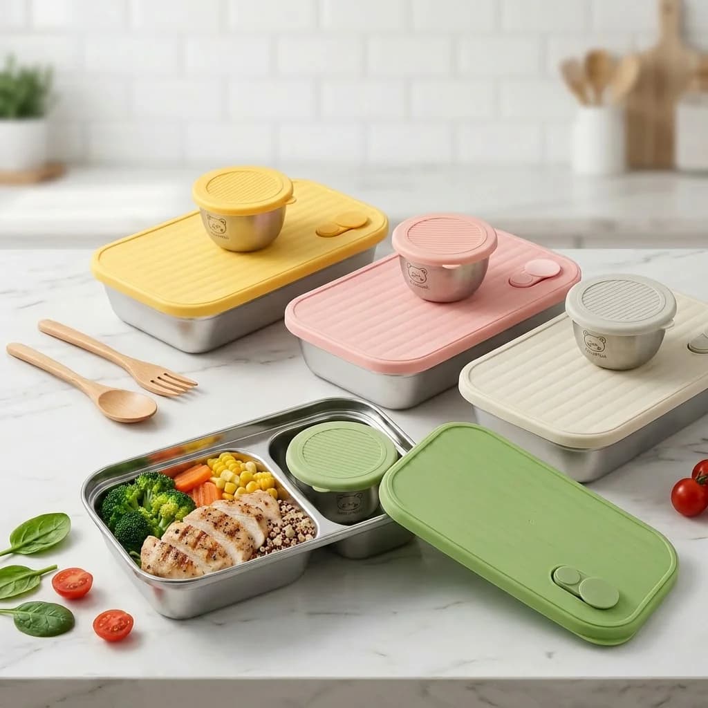 Contenitore per Alimenti in Acciaio Inox 304 con 1/2 Scomparti e Scomparto per Salsa, Portatile e Sigillato, per Frutta e Insalata, Adatto ai Studenti e Utilizzabile nel Microonde