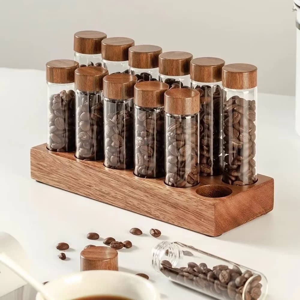 Coffee Beans Storage Container 17g 22g Single Tubes Walnut Display Rack Glass Bottle Tea Spice Coffeware Barista Espresso Tools