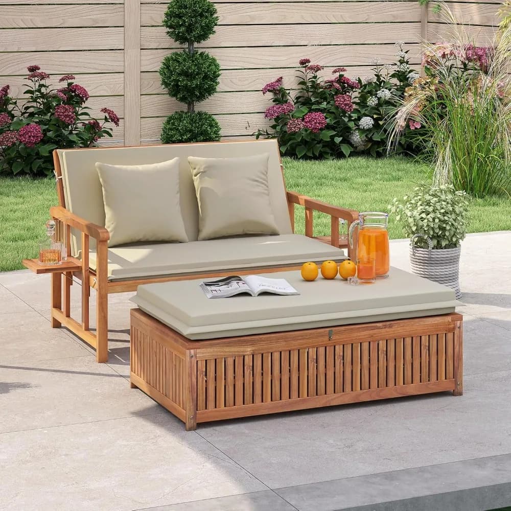 Divano letto da esterno Moccha in legno di acacia - Divano a due posti in legno con schienale a 4 livelli, pouf portaoggetti, cuscini, lettino esterno