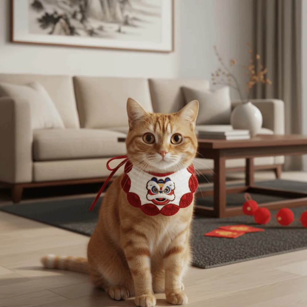 Sciarpa per Gatti a Tema Danza del Leone, Ricamata, Regolabile, in Maglia, Confortevole, Portafortuna per il Nuovo Anno