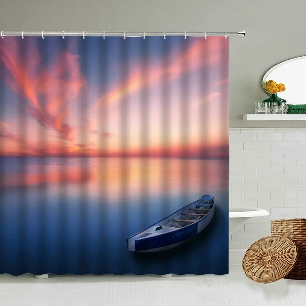 Tende da doccia con paesaggio naturale al tramonto e al crepuscolo, barca in legno sull'oceano, accessori decorativi per il bagno con ganci, schermo in tessuto impermeabile