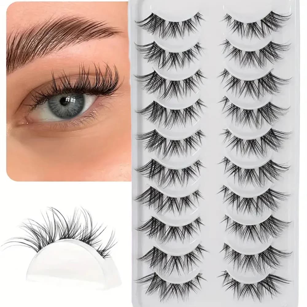 10 paia di ciglia finte a grappolo di ciglia dall'aspetto naturale, estensioni ciglia Manga sottili, confezione di ciglia Cat Eye con fascia trasparente