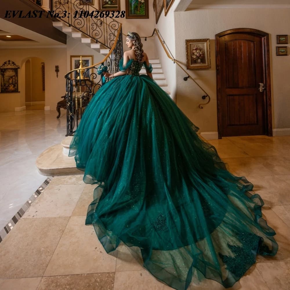 EVLAST Personalizzato Verde Scuro Abito Quinceanera Abito di Sfera Glitter Applique Perline Corsetto Dolce 16 Abiti Da 15 Anos E3Q783