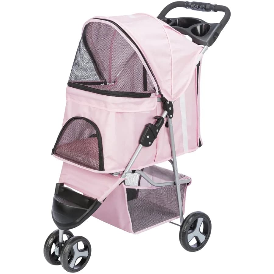 3-Wheeled Foldable Dog and Cat Stroller with Canopy and Storage Compartments Pink