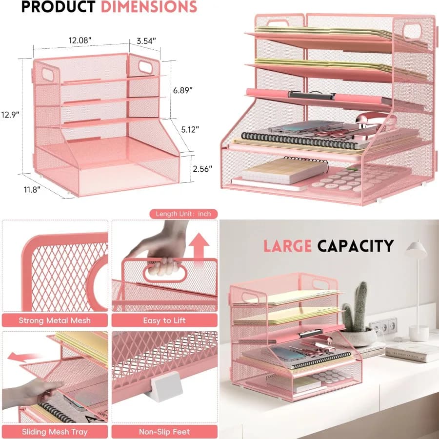 Organizzatore di file da scrivania a 5 livelli con vassoio di carta da lettere in metallo per un'organizzazione efficiente dell'ufficio domestico Design di colore rosa per migliorare l'allenamento