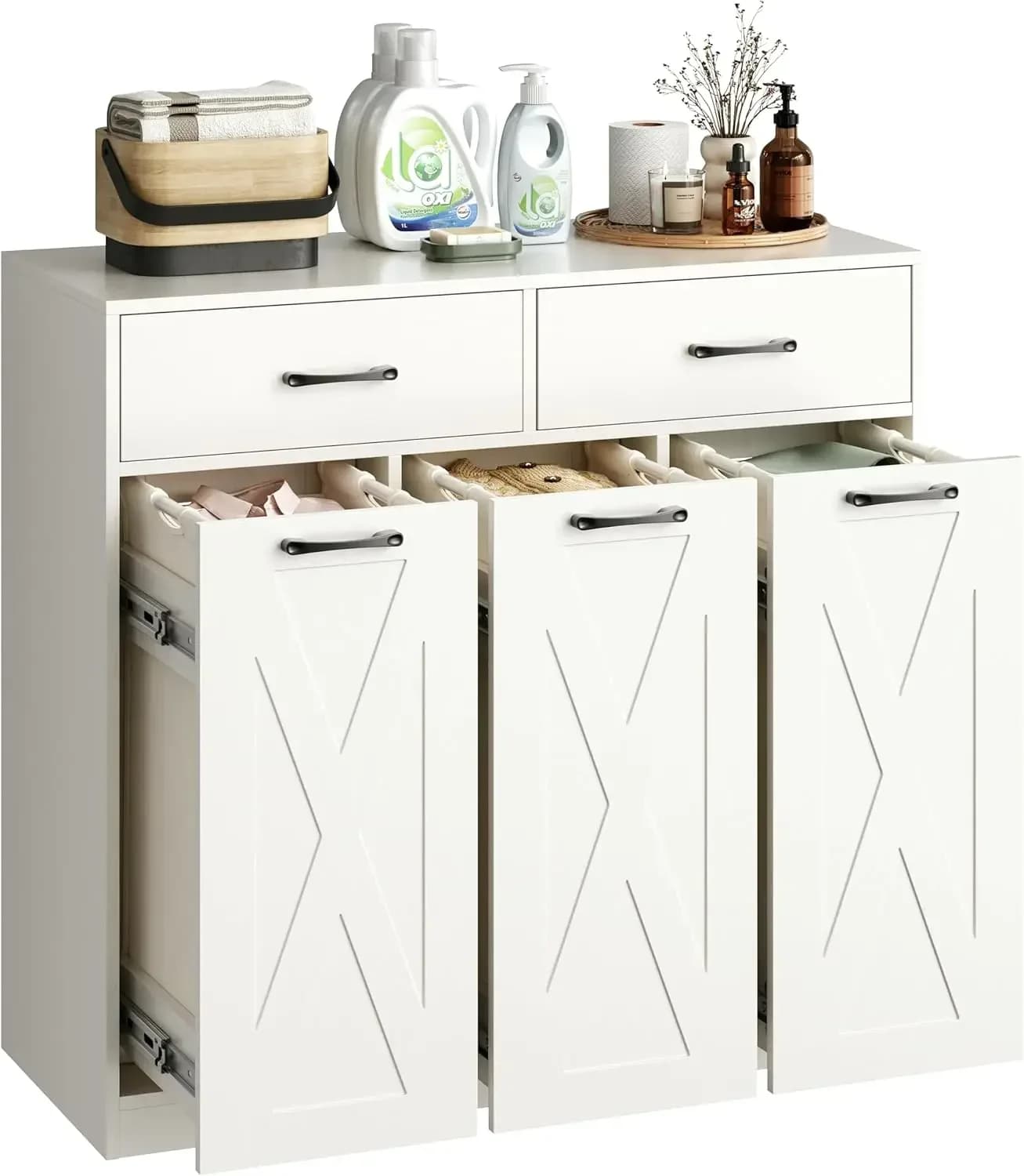 Whiteware cabinet, 3 compartment whitewasher basket with 2 storage drawers, linen separation basket with large removable bags, 3 x