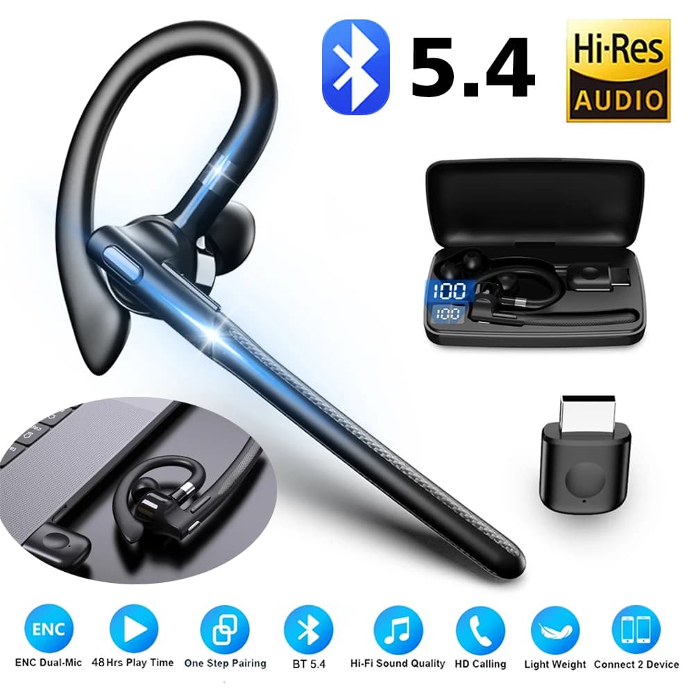 Bluetooth 5.4 Wireless Headset Ear Hook Single Ear Driving Headphones with Double Microphone CVC8.0 Loaders with Noise Cancellation