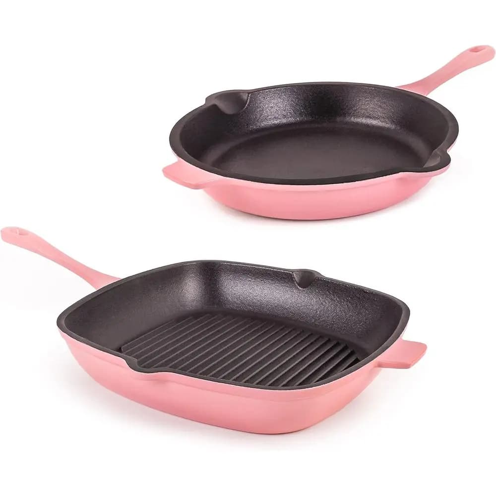 Set di Pentole in Ghisa Smaltata: 11 Padelle, 10 Padelle per Frittura, Adatte al Forno fino a 400 Gradi ° F, Rosa
