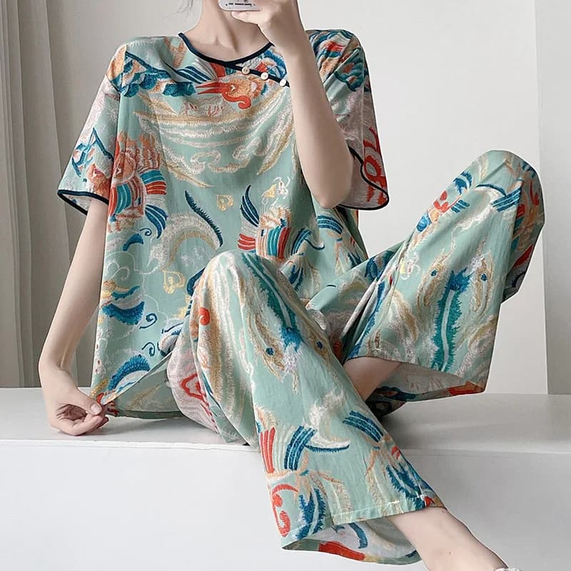 New Chinese Style Floral Print Pajamas Women's Suit Summer Casual Homewear Two-Piece Set Nighty Set Pjs Women Set Lingerie