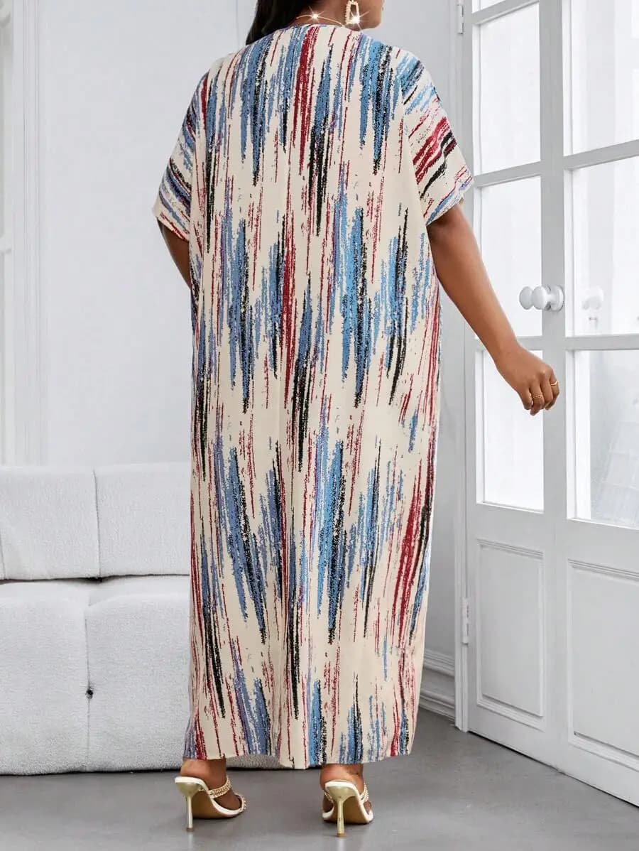 Abito Lungo Elegante Casual con Stampa a Righe, Scollo a V, Maniche a Farfalla, Taglie Forti, Stile Boho per Vacanze al Mare