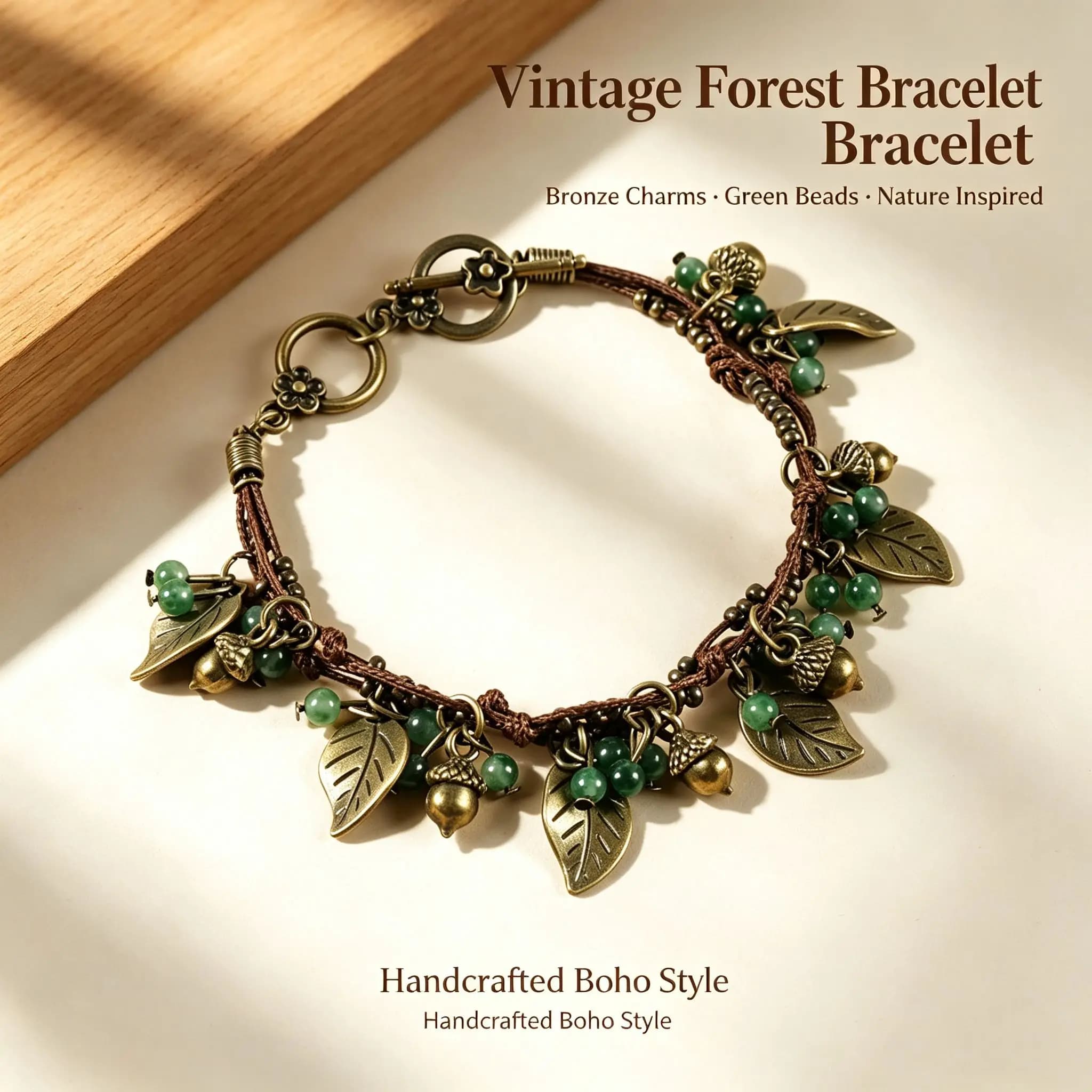 Vintage Boho Cherry Bracelet Tibetan Silver Ceramic Beads Brass Bell Leaf Charm Handmade Women Bangle
