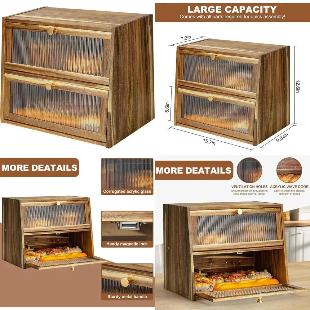 Contenitore per Pane in Legno di Acacia Extra Large a 2 Ripiani con Finestra in Acrilico per Conservazione sul Piano della Cucina
