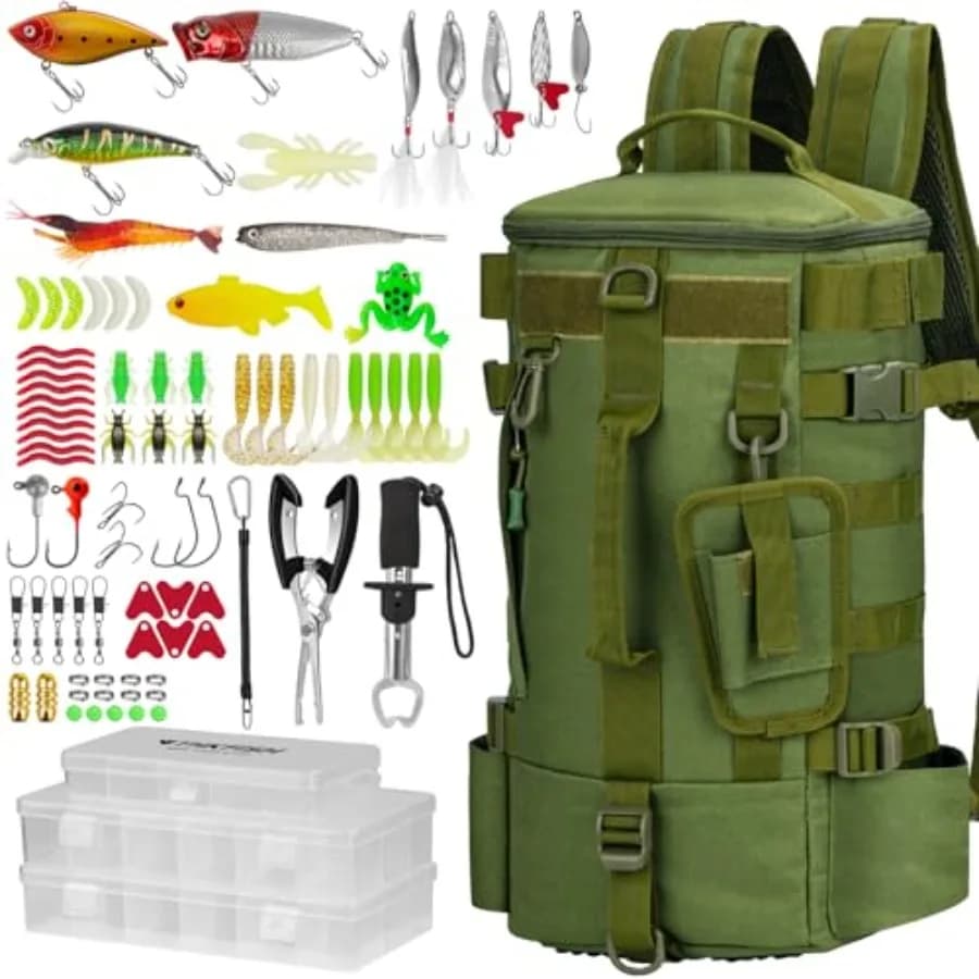 Zaino da pesca con porta canne, scatola porta attrezzi, kit di 85 esche artificiali con pinza per pesci, pinze, regalo per pescatori