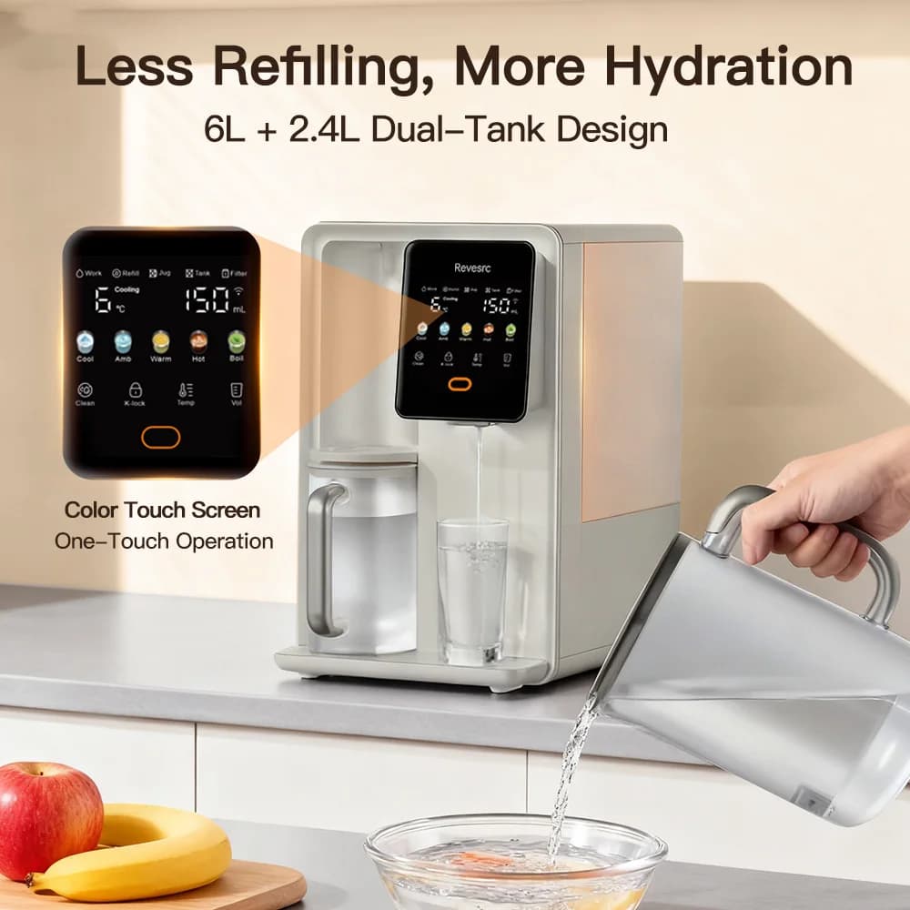 Dispenser d'Acqua Ecologico 5-in-1 con Osmosi Inversa, 7 Impostazioni di Temperatura e 5 Volumi d'Acqua, Sistema Smart con Blocco Bambini