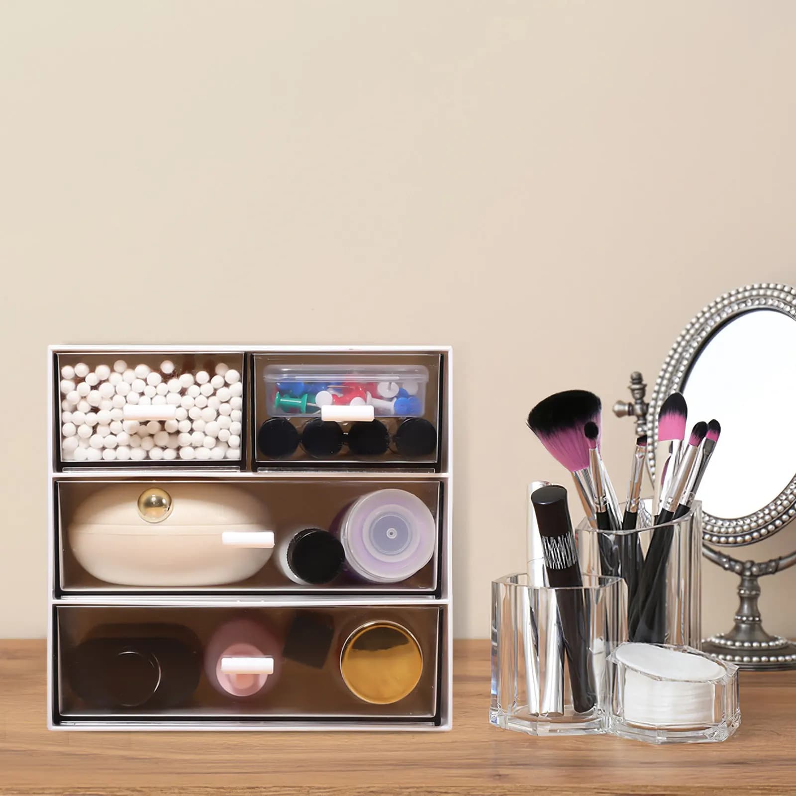Organizer da Scrivania con 3 Livelli e 4 Cassetti, Contenitore Trasparente per Matite, Cosmetici e Accessori
